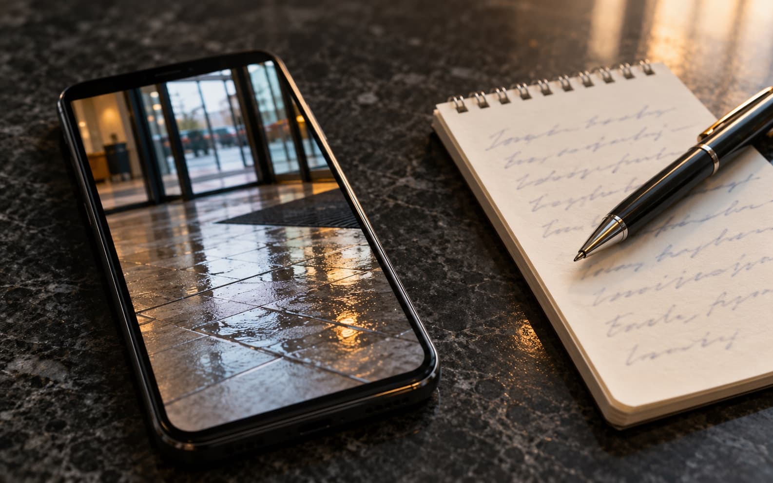 Zdjęcie mokrej posadzki w telefonie i notatka z opisem zdarzenia