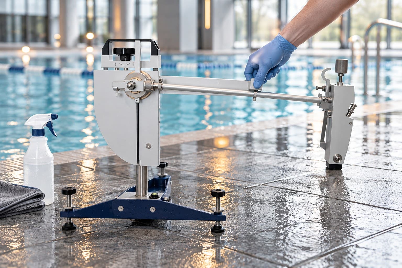 Illustration of a British pendulum tester on wet tiles beside a pool